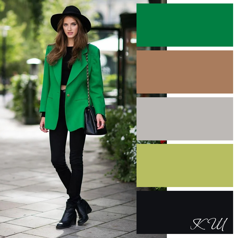 Сочетание зеленого с черным цветом в одежде