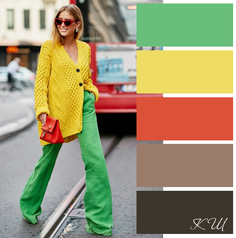 Сочетание зеленого с желтым цветом в одежде